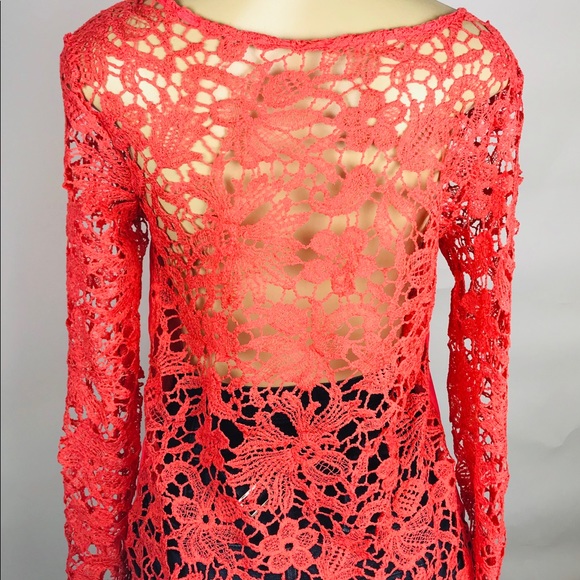🚩Lace Blouse long Sleeve Sz M Orange - Picture 2 of 6